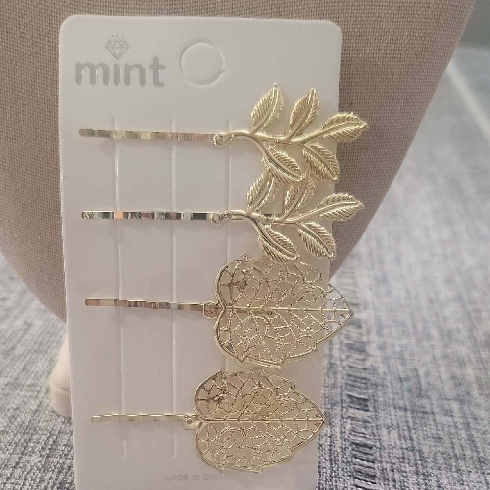 Cottagecore Mint Gold Leaf Hair Pins Set